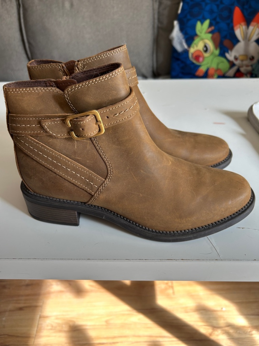 Clarks Tan Leather Ankle Booties with Buckle